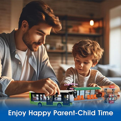 City Bus Station Building Toy Set,Includes a Bus, 6 Minifigures and a Gas Station, Bus Toy for Kids Ages 6+ Years Old,Great Gift Idea for Boys and Girls,Compatible with City Sets(415 Pcs)