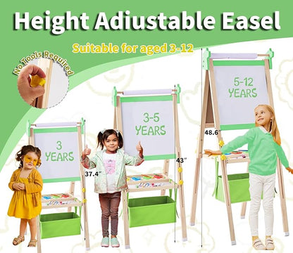 2-in-1 Double Sided Kid's Easel, Height-Adjustable Art Easel for Boys and Girls Ages 3-10, Including 100+ Accessories with Magnetic Chalkboard & Painting Board, Toddler Gifts (Light Green)