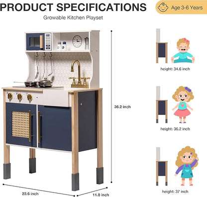 ROBOTIME Wooden Play Kitchen, Kids & Toddlers Kitchen Playset, Kids Play Kitchen Pretend Play Set with Lights & Sounds, Toy Kitchen for Ages 3+ (Blue)
