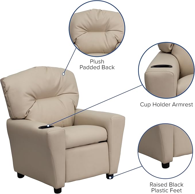 Flash Furniture Chandler Vinyl Kids Recliner with Cup Holder and Safety Recline, Contemporary Reclining Chair for Kids, Supports up to 90 lbs., Beige