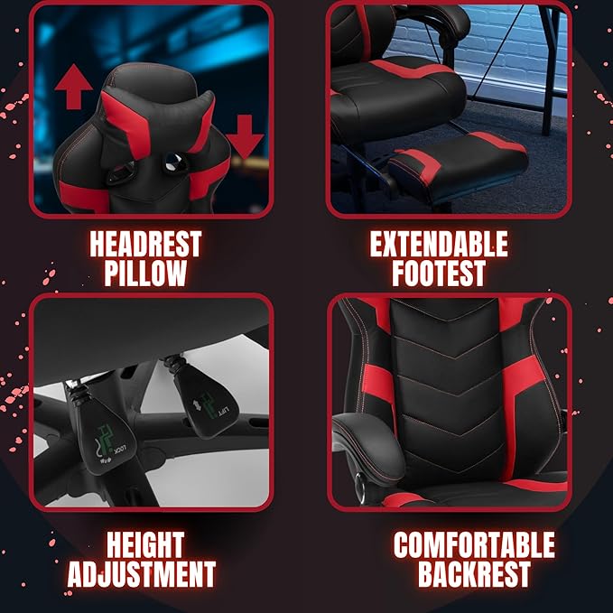 Gaming Chair High Back Ergonomic Racing Computer Desk with Comfortable Lumbar Support and Headrest Girl Gamer Height Adjustable