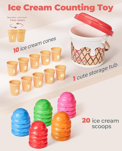 JoyCat Ice Cream Preschool Learning Activities Counting and Color Sorting Set Stacking Toys for Kids 1-5, Educational Fine Motor Skills Toys, 30PCS Math Manipulatives, Easter Basket Stuffers
