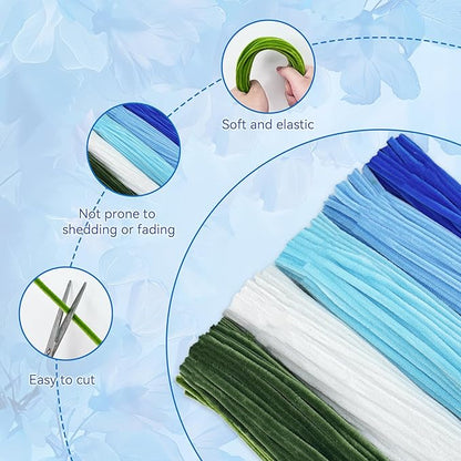 500 Pcs Pipe Cleaners for Crafts – 5 Coloars Chenille Stems with Glue Guns & Tape Measure – Perfect for DIY Projects, Holiday & Room Decorations, Arts and Crafts Activities (Blue, 12in x 8mm)