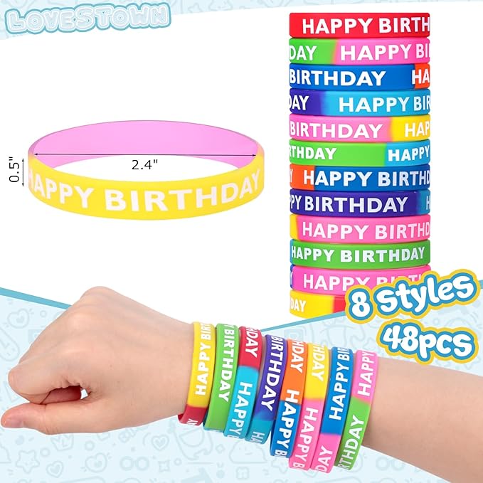 LovesTown 48PCS Birthday Rubber Bracelets, Silicone Stretch Wristbands Dual-color Happy Birthday Bracelets for Kids Adults Birthday Party Favors