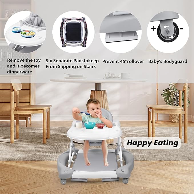 Boyro Baby Baby Walker, 5-in-1 Baby Walkers for Boys and Girls 6-12 Months with Bouncer, Removable Footrest, Feeding Tray & Music, Foldable & Adjustable Activity Walker for 6-18 Months Toddler Infant
