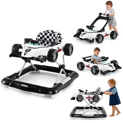INFANS 4 in 1 Baby Walker, Foldable Toddler Activity Center with Adjustable Height, Padded Seat, Music, Light, Removable Tray, Push Walker for Girls Boys Aged 6-18 Months (Ivory)