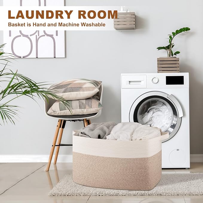 Extra Large Laundry Basket, 95L Blanket Basket for Living Room, Cotton Rope Toy Storage for Kids, Woven Baskets for Clothes, Towels, Pillows, 24" x 17" x 14", Brown and White