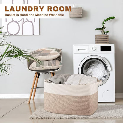 Extra Large Laundry Basket, 95L Blanket Basket for Living Room, Cotton Rope Toy Storage for Kids, Woven Baskets for Clothes, Towels, Pillows, 24" x 17" x 14", Brown and White