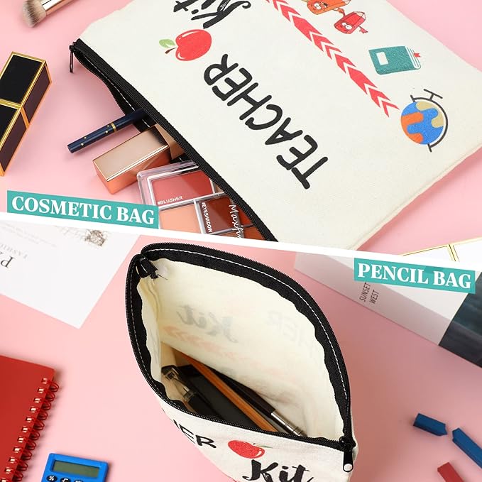 8 Pcs Teacher Appreciation Gift Set for Women, 4 Teacher Makeup Pouch Cosmetic Bags and 4 Bangle Bracelets, Christmas Valentines Thank You Gifts for Teacher (Teacher Survival Kit)