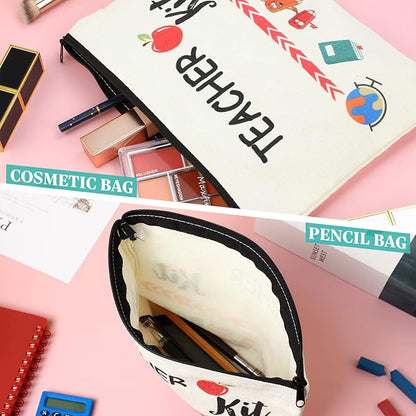 8 Pcs Teacher Appreciation Gift Set for Women, 4 Teacher Makeup Pouch Cosmetic Bags and 4 Bangle Bracelets, Christmas Valentines Thank You Gifts for Teacher (Teacher Survival Kit)