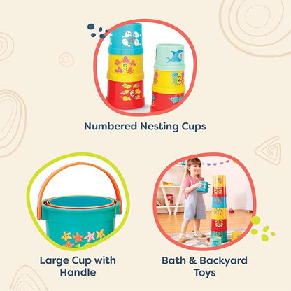 B. toys- Bazillion Buckets- Sort & Stack- 10 Stacking Cups – Numbered Nesting Cups – Bath & Backyard Toys – Educational Play Set for Toddlers, Kids – 18 Months +