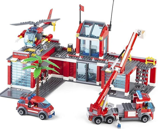 QLT QIAOLETONG City Fire Station Building Kit, 774 Pcs Building Set Including Fire Station, Fire Truck, Fire Helicopter,Fire Fighter, City Building Blocks STEM Toys Gift for Boys 6-10 Years Old.