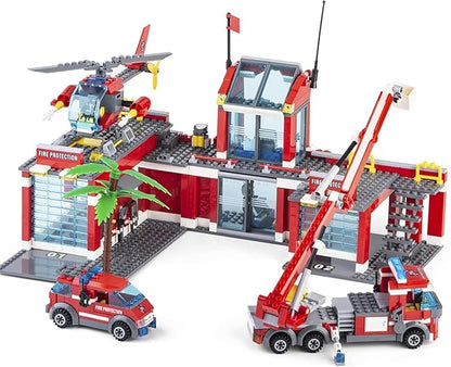 QLT QIAOLETONG City Fire Station Building Kit, 774 Pcs Building Set Including Fire Station, Fire Truck, Fire Helicopter,Fire Fighter, City Building Blocks STEM Toys Gift for Boys 6-10 Years Old.