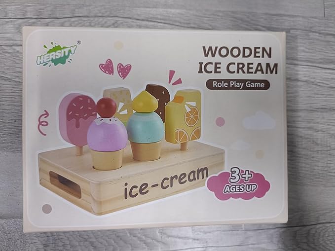 HERSITY Wooden Ice Cream Stand for Kids, Ice Cream Popsicle Toy Pretend Play Food Kitchen Accessories Playset Ice Lolly Shop Games for Toddlers Girls Boys 3 4 5 Years Old