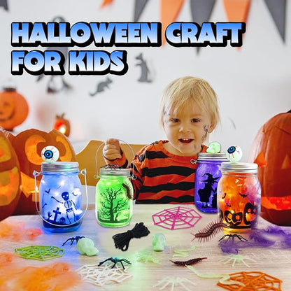 Shemira Halloween Craft Kit for Kids, 4 pcs Glass Mason Jar with Accessories for DIY Lantern Jar, Halloween Art & Craft Party Supplies, Halloween Art Activities,Halloween Craft and Art Party Supplies