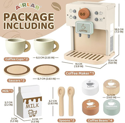 Airlab Toy Coffee Maker for Kids Wooden Kitchen Accessories Pretend Play Toddler Coffee Playset for Girls Boys Ages 3 4 5 Years Birthday Gifts