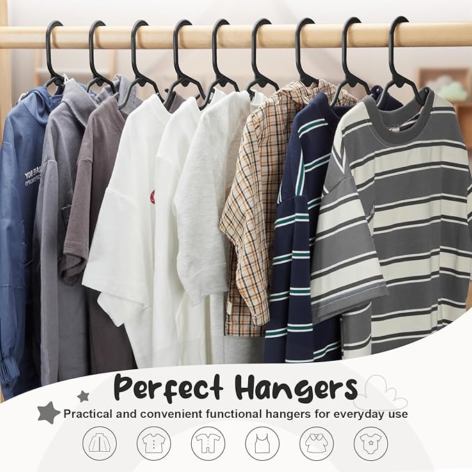 HOUSE DAY Premium Baby Hangers 20 Pack, 11 Inch Kids Plastic Hangers Black, Slim Childrens Hangers for Infant, Toddler, and Child Clothes, Durable Baby Clothes Hangers for Closet