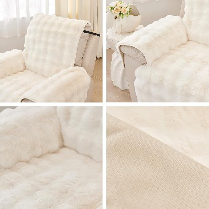 vctops Faux Fur Fluffy Recliner Chair Slipcover Faux Rabbit Fur Non Slip Sofa Cover Super Soft Plush Thick Couch Cover Furniture Protector with Elastic Straps for Kids, Dogs, Pets(Cream,24")