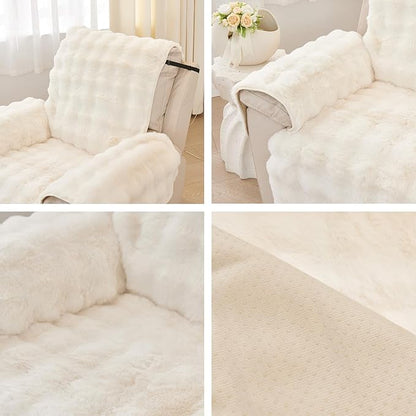 vctops Faux Fur Fluffy Recliner Chair Slipcover Faux Rabbit Fur Non Slip Sofa Cover Super Soft Plush Thick Couch Cover Furniture Protector with Elastic Straps for Kids, Dogs, Pets(Cream,24")