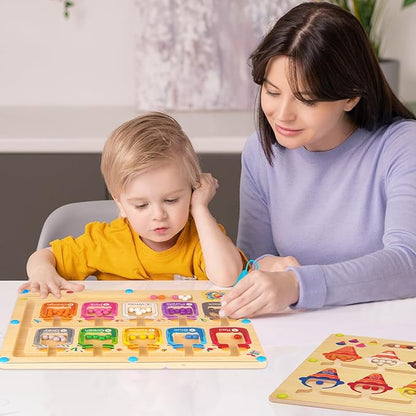 Magnetic Color and Number Maze, Wooden Color Matching Learning Counting Magnet Puzzle Board Montessori Toys, Toddler Educational Fine Motor Skills Learning Toys for Boys Girls 3+ Years Old