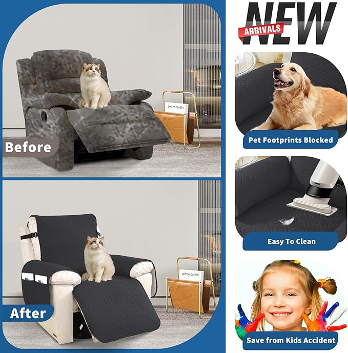XINEAGE 100% Waterproof Recliner Cover, Non Slip Recliner Chair Cover with Elastic Band, Washable Recliner Slipcover with Storage Pockets for Kids, Pets (Black, 23")