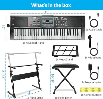 61 Key Keyboard Piano for Beginners w/Stand Bench, Dual Power Mode, Lighted Keys in Follow Mode, 70 Demos, 200 Tones/Rhythms, Pitch Bend Metronome Sustain Sync Chord Dual Key Key Drum Program