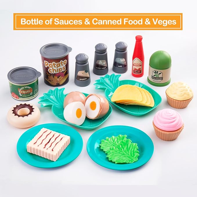 80Pcs Kitchen Playset, Toddler Pretend Cooking with Pots, Pans, Cookware, Food, Picnic Blanket, Fruits, Veges, Shopping Storage Basket, Dessert , Learning Gift for Girls Boys (Turquoise)