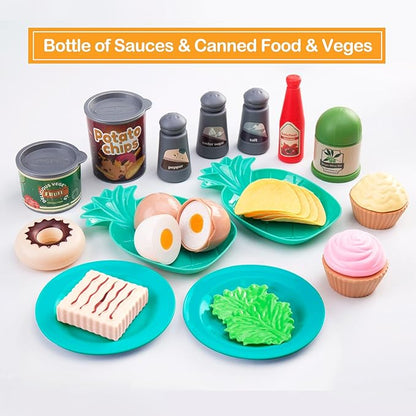 80Pcs Kitchen Playset, Toddler Pretend Cooking with Pots, Pans, Cookware, Food, Picnic Blanket, Fruits, Veges, Shopping Storage Basket, Dessert , Learning Gift for Girls Boys (Turquoise)