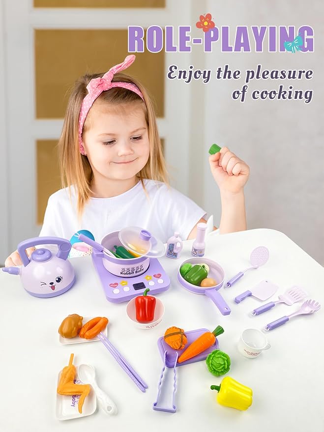 Kids Play Kitchen Accessories, Pretend Play Toys for Kitchen, Play Pots and Pans Sets for Kids Kitchen, Toddler Cooking Set for Boys and Grils Aged 3 4 5 6(Purple)