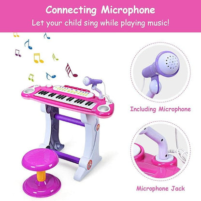 Costzon 37-Key Kids Piano Keyboard Toy, Toddler Electronic Musical Instrument Educational Toy w/Microphone, Multiple Sounds, Record Playback, Lights & Stool, Birthday Gift for Girls Boys Age 3+, Pink