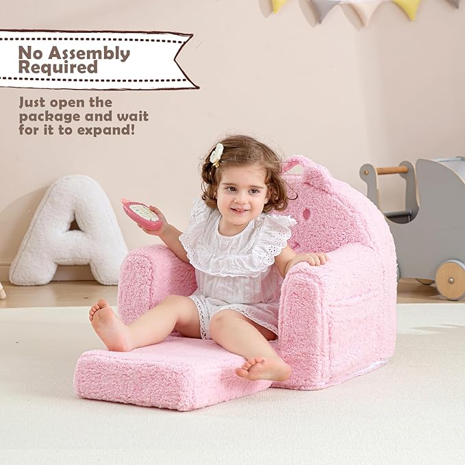 Toddler Chair,Sherpa Bear Kids Chair,Toddler Couch Fold Out,Children Reading Chair,Flip Out Kids Couch,Toddler Sofa Convertible for Age 1-3(Pink Bear)