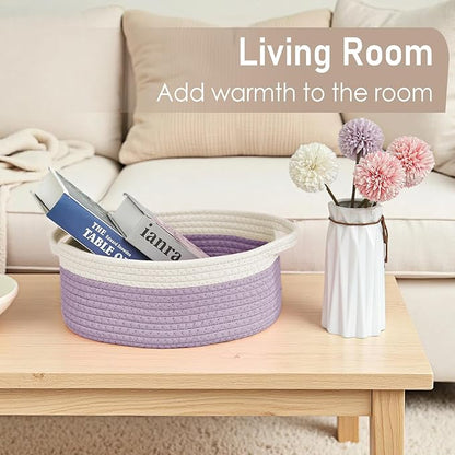 JMvicyroam Woven Basket,Small Rope Storage Bin with Handles & Ribbon Bag, Organizer for Shelves Closets,Gift Basket Empty for Birthday,Books,Dog Toys, White&Purple/2 Pack