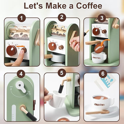 Kids Wooden Coffee Maker Toy,Coffee Machine Playset with Grinder,Play Coffee Making Routine,Stimulates Imaginative Pretend Play and Life Skills,Birthday Gift for Toddler Boy Girl,17pcs