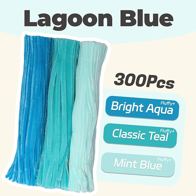 Lagoon Blue Pipe Cleaners Set, 300 Thick Chenille Stems for Crafts – Perfect for Animals, Flowers & Festive Decorations, 12" x 0.24"