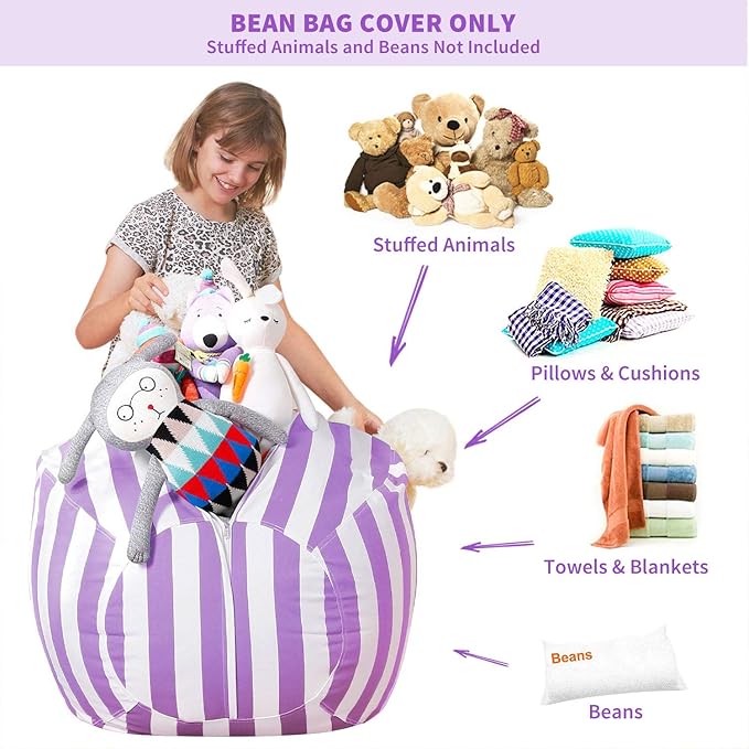 Aubliss Stuffed Animal Bean Bag Storage Chair (Purple/White Striped, Large (38''))