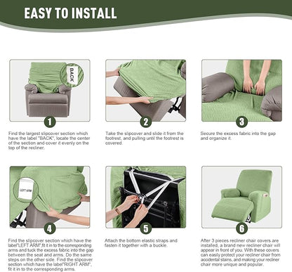 KinCam Recliner Covers, Stretch Reclining Chair Covers, Recliner Sofa Slipcovers Stripe Jacquard Recliner Couch Covers Furniture Protector Covers for Pet Kid (1 Seater, Light Green)