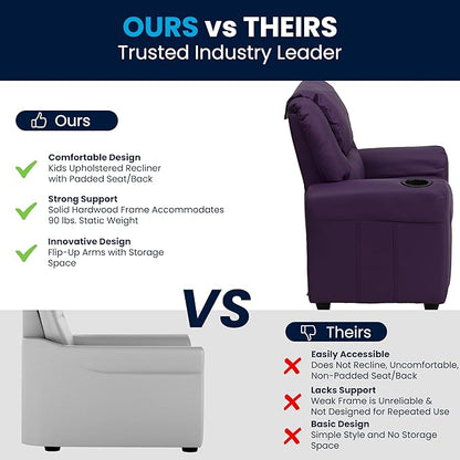Flash Furniture Vana Vinyl Kids Recliner with Cup Holder, Headrest, and Safety Recline, Contemporary Reclining Chair for Kids, Supports up to 90 lbs., Purple