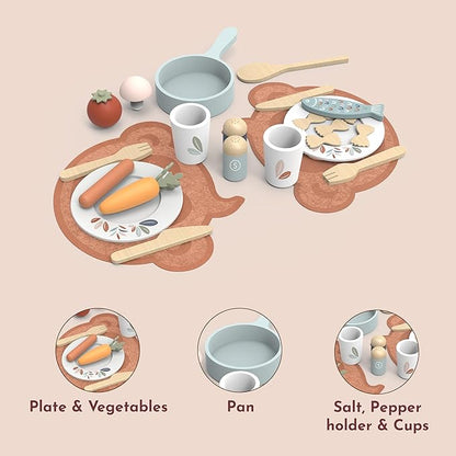 Speedy Monkey Wooden Dining Set for Two – 19-Piece Pretend Play Meal Kit with Pasta, Fish, Sausage, Vegetables, and More – for Kids 2yrs Up | Encourages Imagination, Role Play & Fine Motor Skills