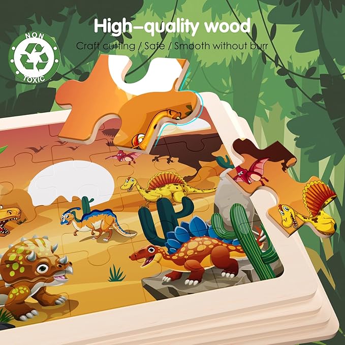Jigsaw Puzzles Dinosaur Wooden Puzzles for Kids Ages 3-5 Preschool Educational Brain Teaser Boards Toys Four Season Gifts for 3 4 5 6 Year Old Boys Girls 4 Packs 24 Pcs (Dinosaur Theme)