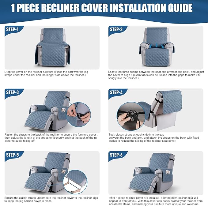 TAOCOCO 100% Waterproof Recliner Covers, Recliner Sofa Covers with Leg Straps, Reversible Recliner Couch Cover for Reclining Chair, Washable Couch Protector for Pets Kids(1 Seater 22", Sky Blue)