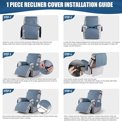 TAOCOCO 100% Waterproof Recliner Covers, Recliner Sofa Covers with Leg Straps, Reversible Recliner Couch Cover for Reclining Chair, Washable Couch Protector for Pets Kids(1 Seater 22", Sky Blue)