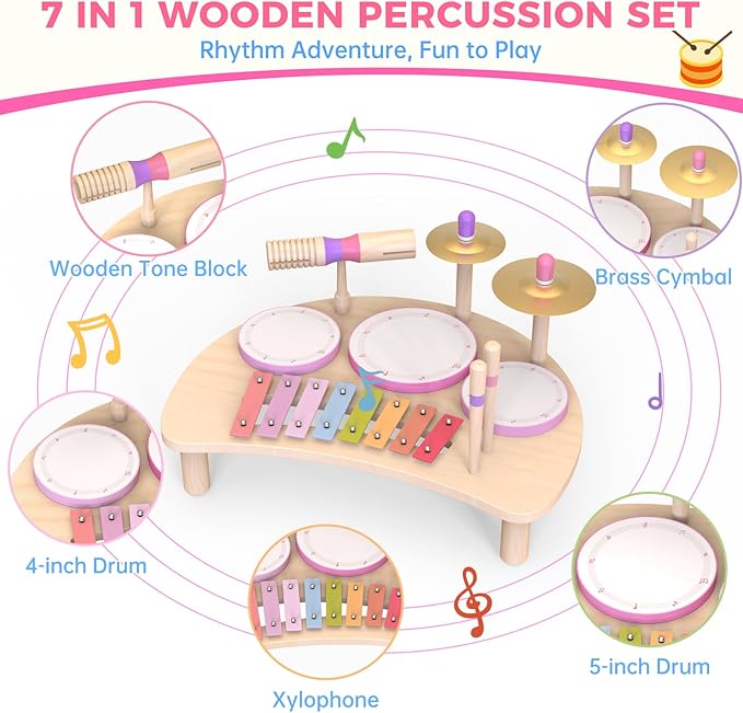 Toddlers Drum Set Toys for 1 2 3 Year Old Girls,Montessori Music Toy for Toddlers 1-3,Baby Drum with Xylophone,Musical Instruments Toy, Kids Birthday Gifts for Baby 18+ Months (Pink)