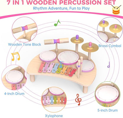 Toddlers Drum Set Toys for 1 2 3 Year Old Girls,Montessori Music Toy for Toddlers 1-3,Baby Drum with Xylophone,Musical Instruments Toy, Kids Birthday Gifts for Baby 18+ Months (Pink)