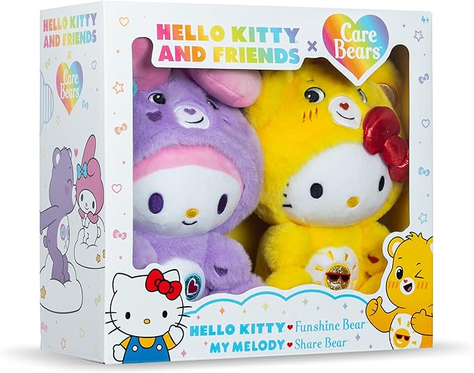 Care Bears x Hello Kitty Plush 2 Pack - Hello Kitty as Funshine Bear & My Melody as Share Bear