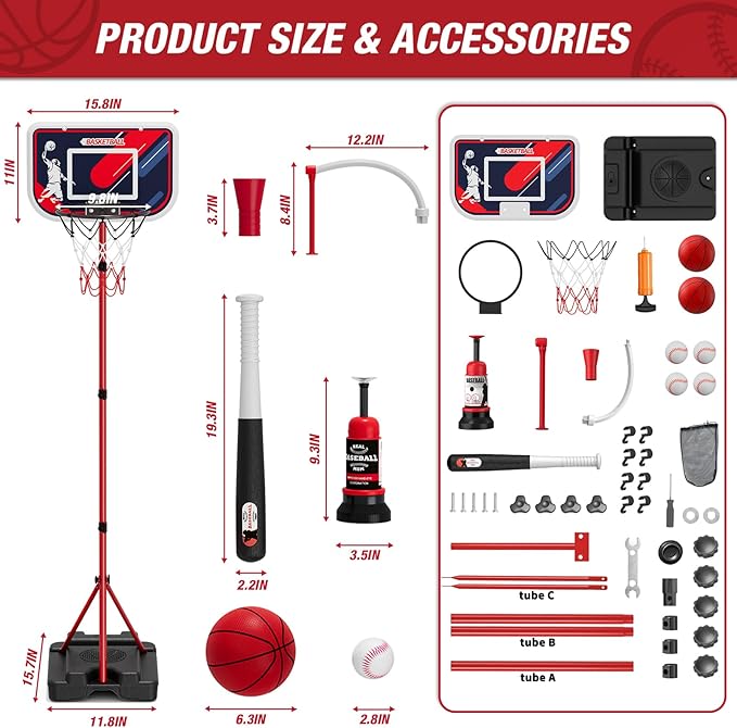 HYES 4 in 1 Kids Basketball Hoop and Tball Set for Toddlers 3-5, Adjustable Hanging Tee Ball Stand with Automatic Baseball Pitching Machine, Indoor Outdoor Sport Toys Birthday for Boys