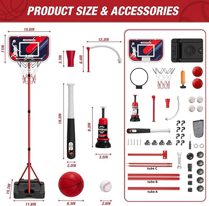 HYES 4 in 1 Kids Basketball Hoop and Tball Set for Toddlers 3-5, Adjustable Hanging Tee Ball Stand with Automatic Baseball Pitching Machine, Indoor Outdoor Sport Toys Birthday for Boys