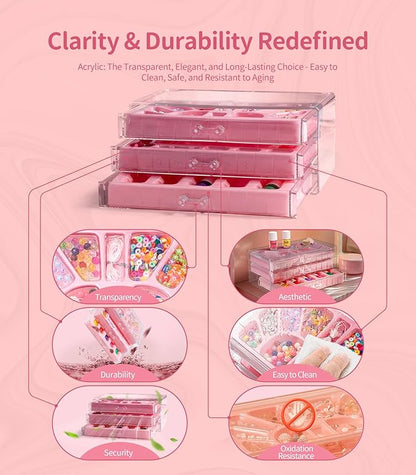 Geyiie Nail Polish Toys Set, DIY Bead Making Kit in Acrylic Storage Box 3 Drawers with Halloween nail sticker for girls , Bracelet Making Kit Arts & Crafts for Girls, Party Favor