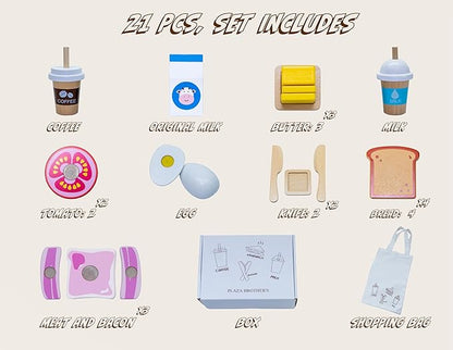 PLAZA BROTHER'S Wooden Food Playset Bakery and Picnic Toy, Kids Pretend Play Food Kitchen Accessories with Realistic Shopping Bag. Perfect for Boys and Girls 3 Years and Up