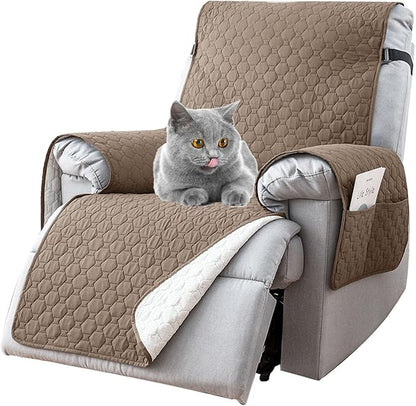 100% Waterproof Recliner Chair Covers That Stay in Place, Non-Slip Recliner Cover with 5 Pockets, Elastic Straps, Washable Reclining Chair Protector for Kids, Pets, Dogs (Khaki, 25inch)