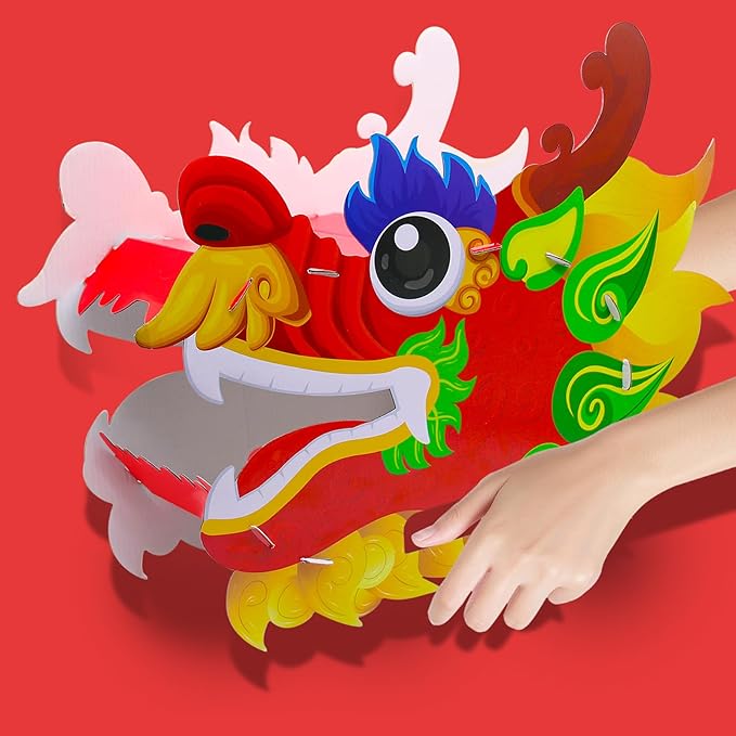 2 Pack Chinese Dragon Dance Head, DIY Assembly Interesting Educational Kids Cardboard Dragon Head, Wearable Dragon Head